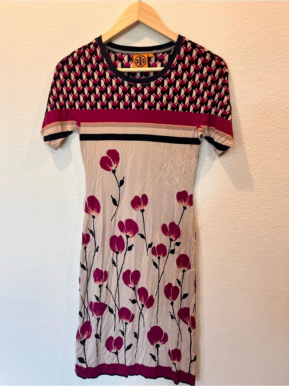 Tory Burch Cream Dress with Magenta Floral and Navy Trim